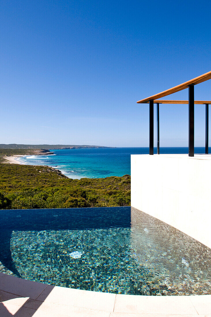 The deserted swimming pool of the Southern Ocean Lodge under blue sky, Hanson Bay, Kangaroo Island, South Australia, Australia