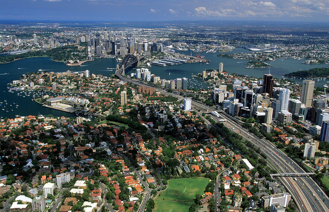 Aerial view over North Sydney, view at the harbour, the city and Darling Harbour, Sydney, New South Wales, Australia