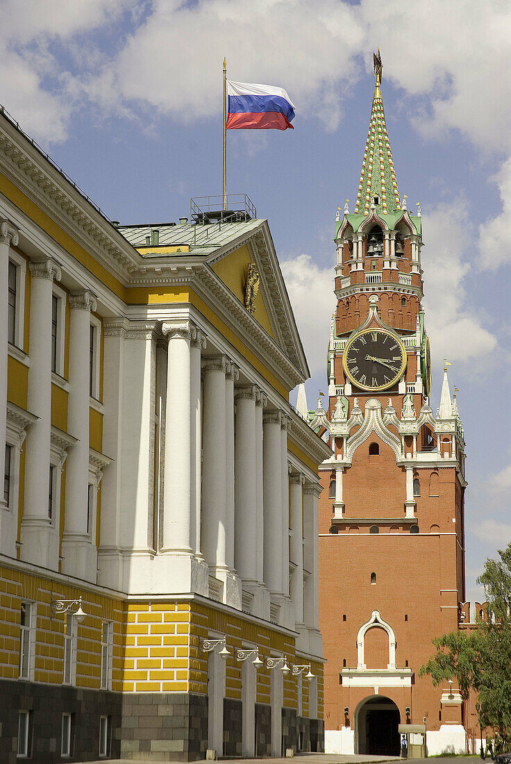 Russia. Moscow. Kremlin. Government building and Savior Gate Tower.