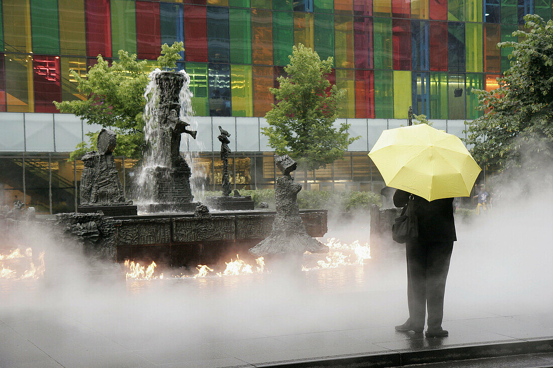 Canada, Montreal, Palais de Congrès, Convention Centre, Jean Paul Riopelle Square, public park, fog, fire, umbrella