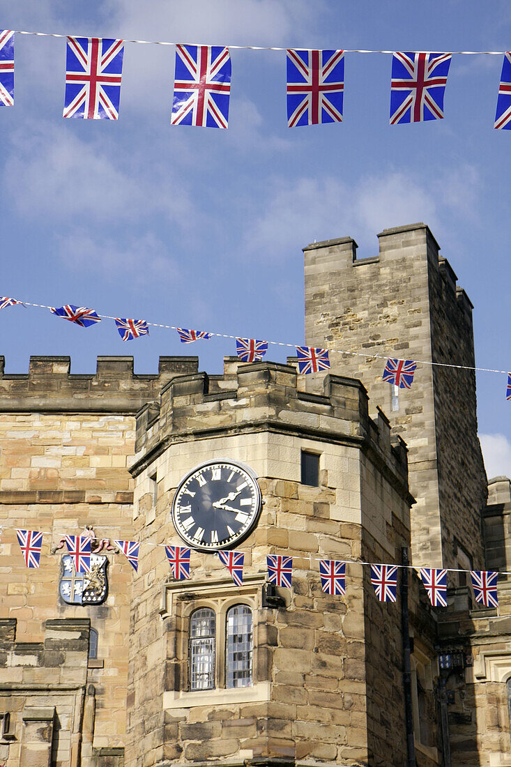 UK. England, County Durham, Durham City, Durham Castle, University College, Norman architecture, Union Jack