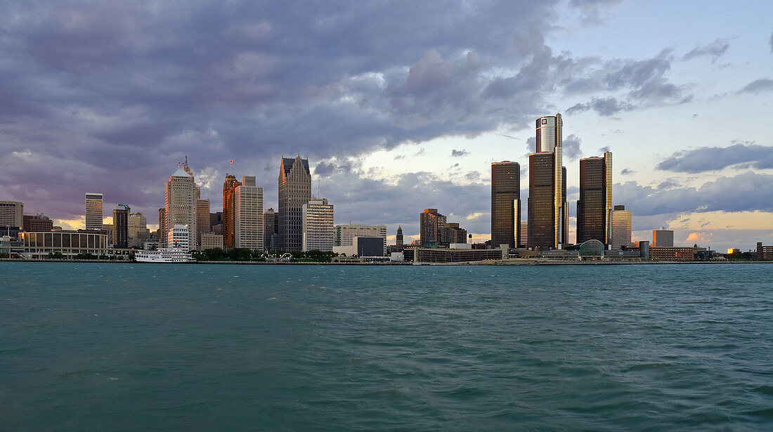 Detroit Downtown and Renaissance Center across Detroit River. Michigan, USA