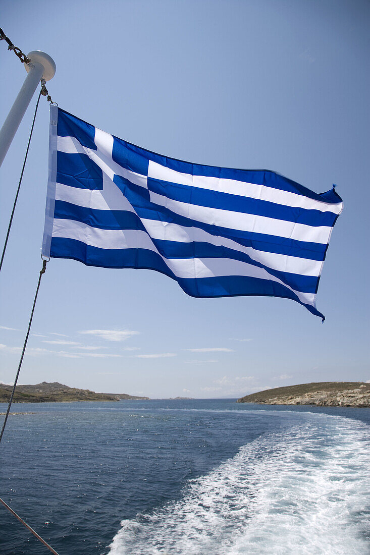Greece. Cyclades Islands. Delos. Greek flag.