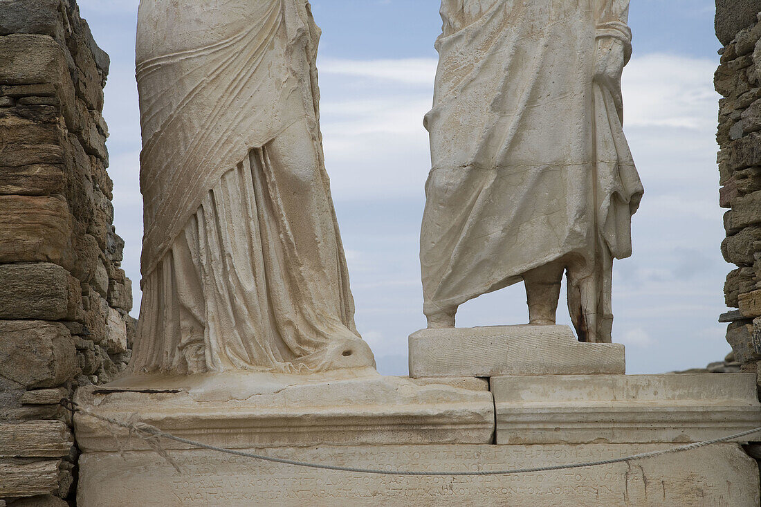 Greece. Cyclades Islands. Delos. Archaeological site. House of Cleopatra. Statues of Cleopatra and Dyoscuridis.