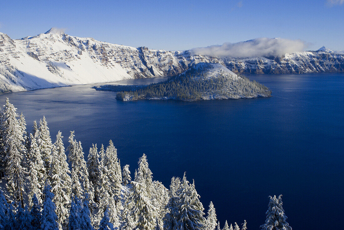 Crater Lake and Wizard Island in winter (Deepest lake in the US), Crater Lake National Park, Oregon, USA