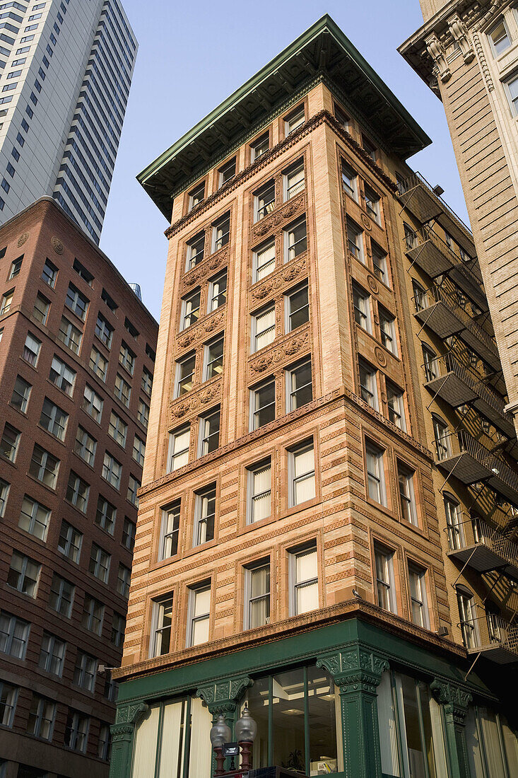 Antique office building with terra cotta details on Washington Street, Boston, MA, USA