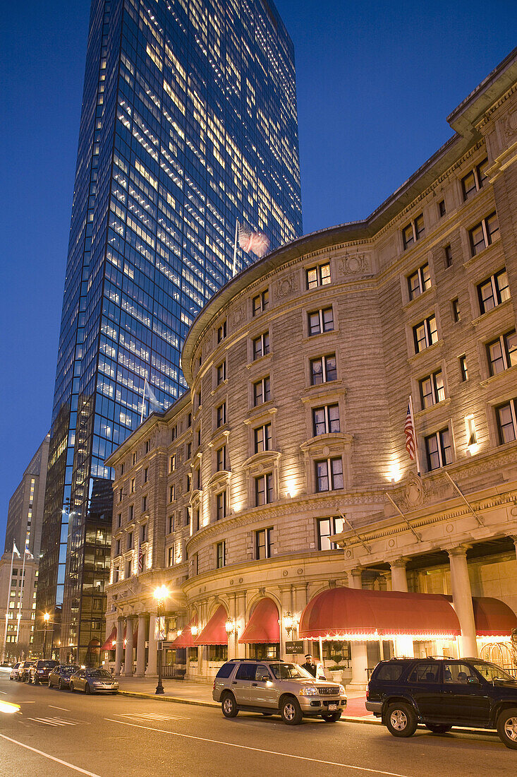 Copley Plaza Hotel, Hancock Tower behind, night, Boston, MA, USA