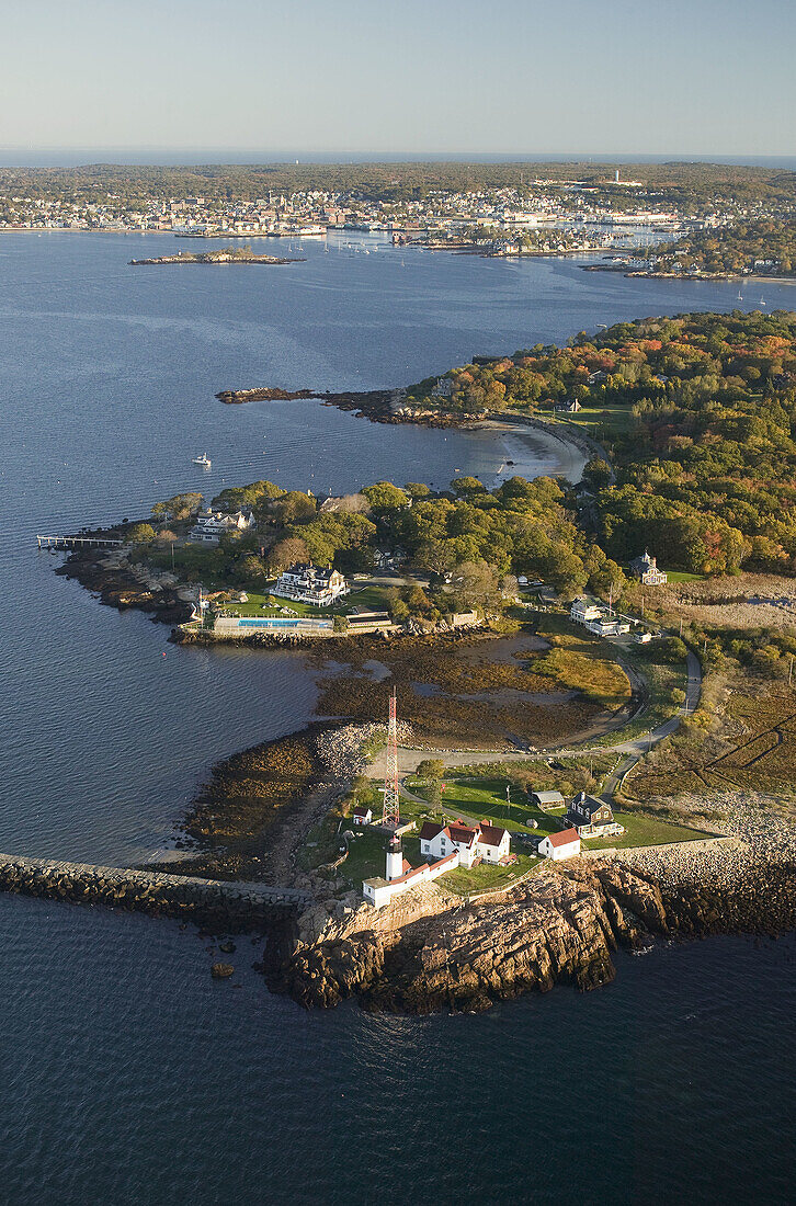 Eastern Point lighthouse, aerial view, Gloucester, MA, USA