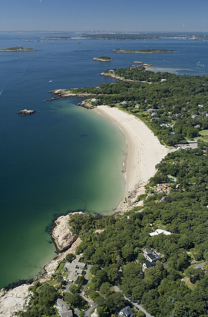Singing Beach, Manchester by the Sea. Aerial view looking south to Boston on horizon 'North Shore'