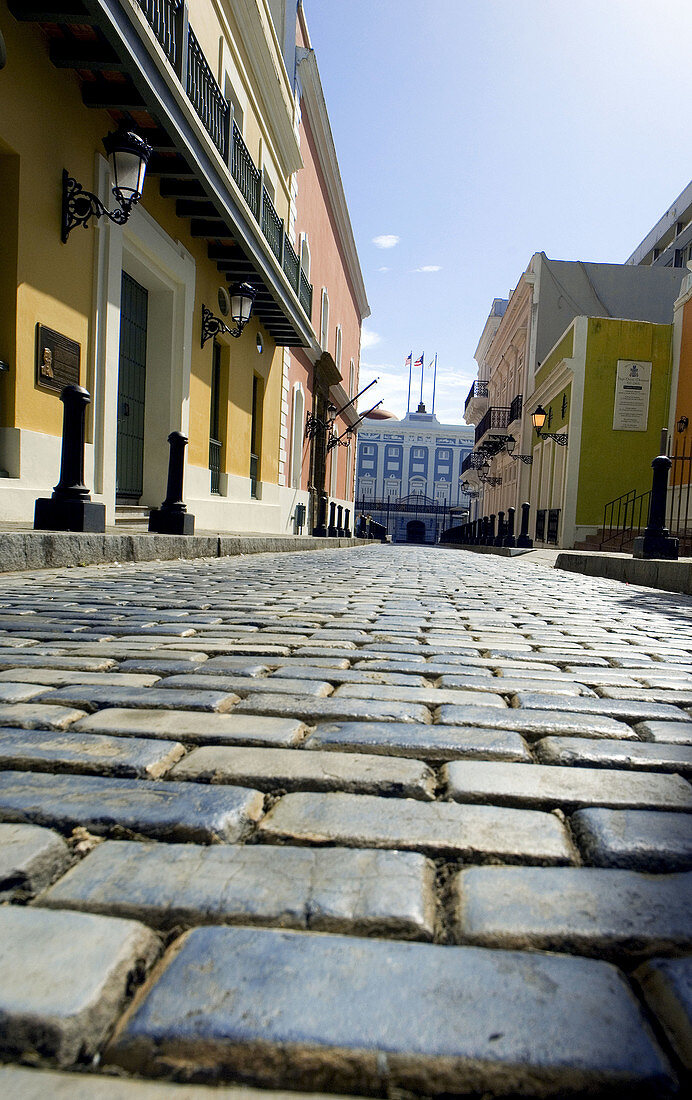 A view of the entrance to the Governor's mansion from the famous cobblestone streets of Old San Juan, Puerto Rico, Cribbean Sea.
