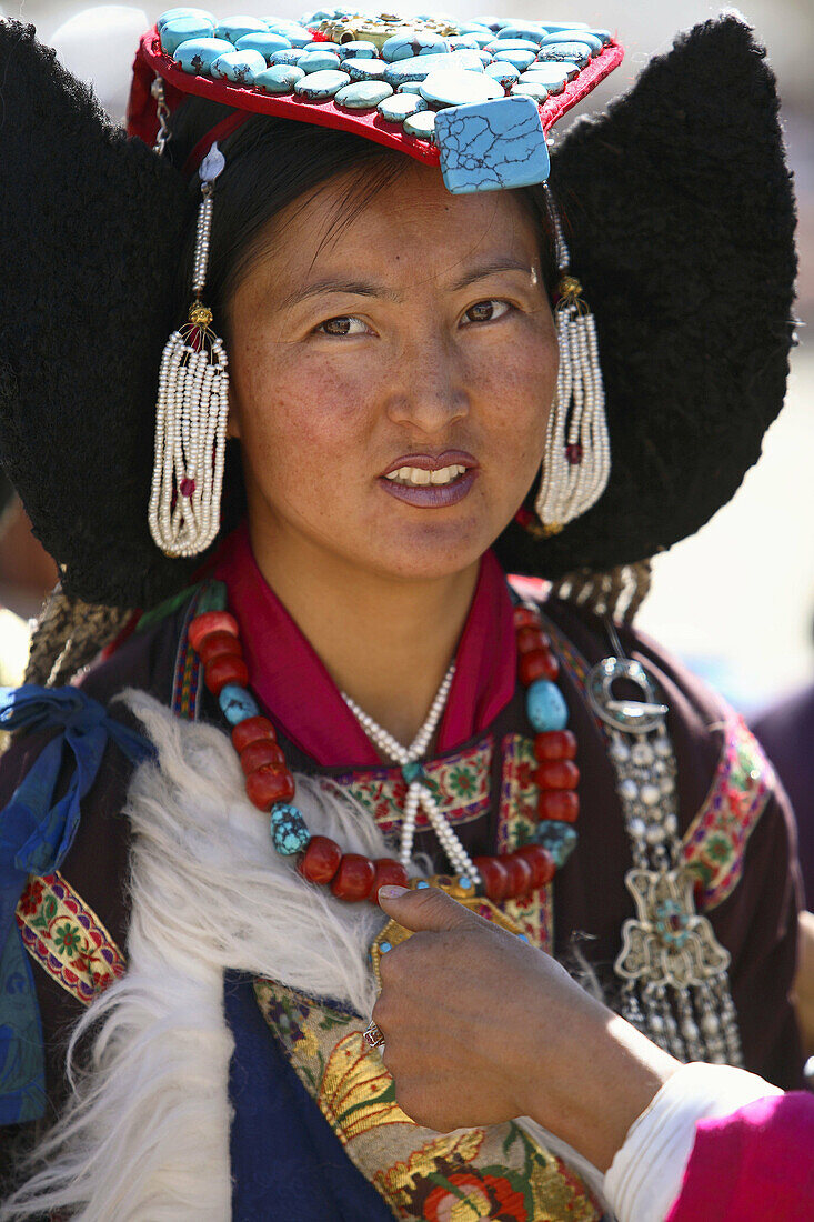 A local woman wearing barrak at Leh festival, Leh, Ladakh, Jammu Kashmir, India