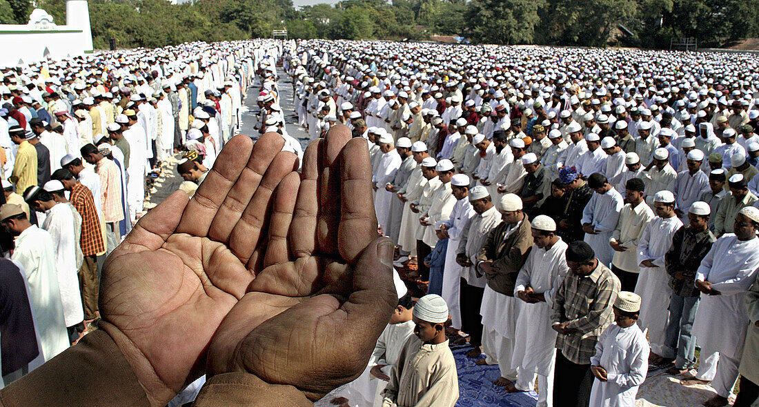 Muslim offering Namaz at a mosque and a close-up of two palms