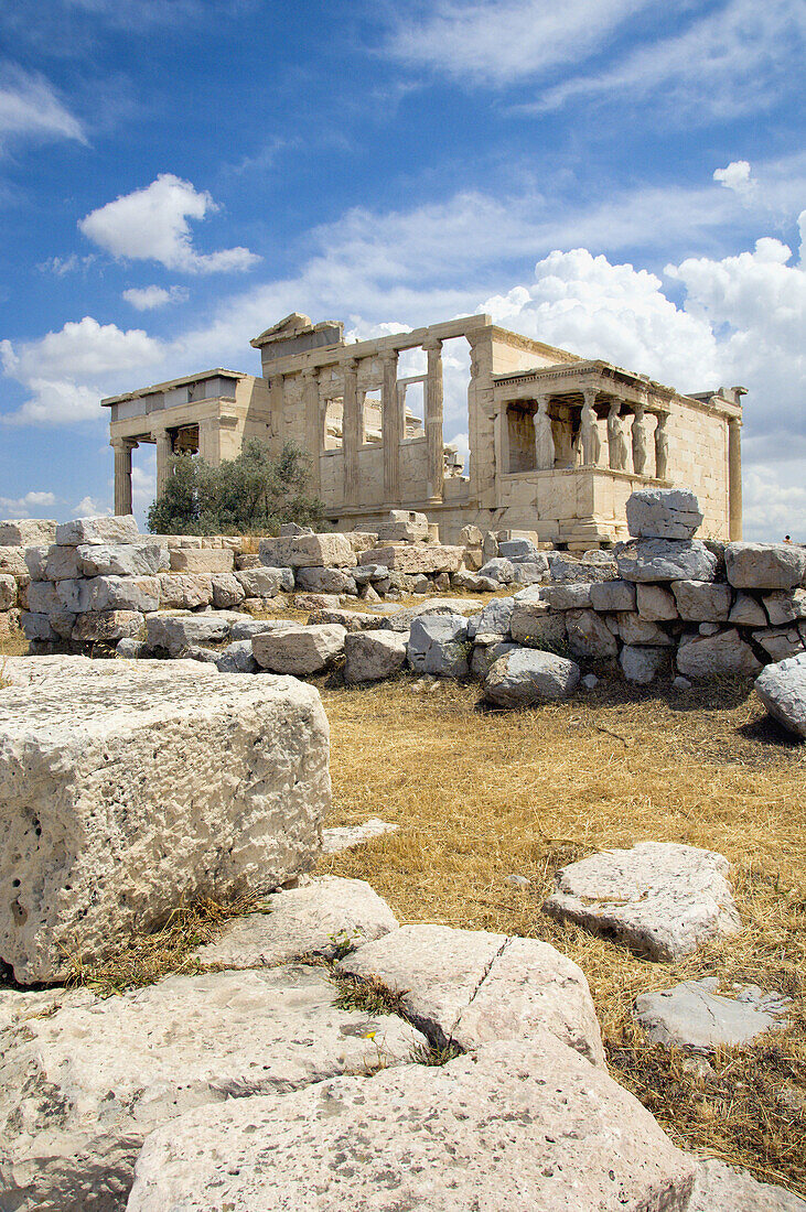 The Erechtheion ruins on the Acropolis in Athens, Greece.
