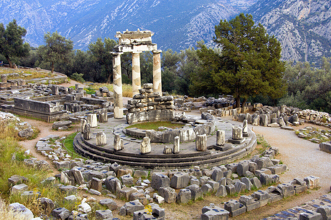 The Tholos Temple, Sanctuary of Athena ruins in Delphi, Greece.