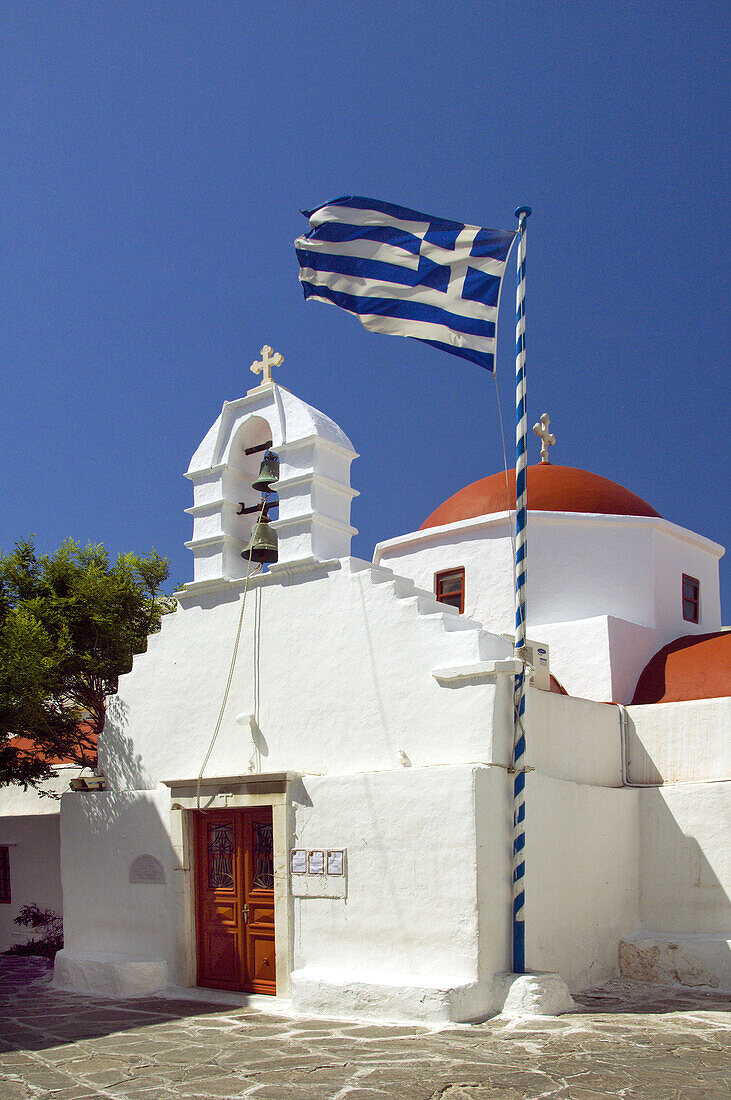Churches and chapels in Hora or Mykonos town on the Greek Island of Mykonos, Greece.