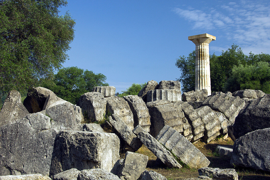 A remaining column at the Temple of Zeus at ancient Olympia, Greece.