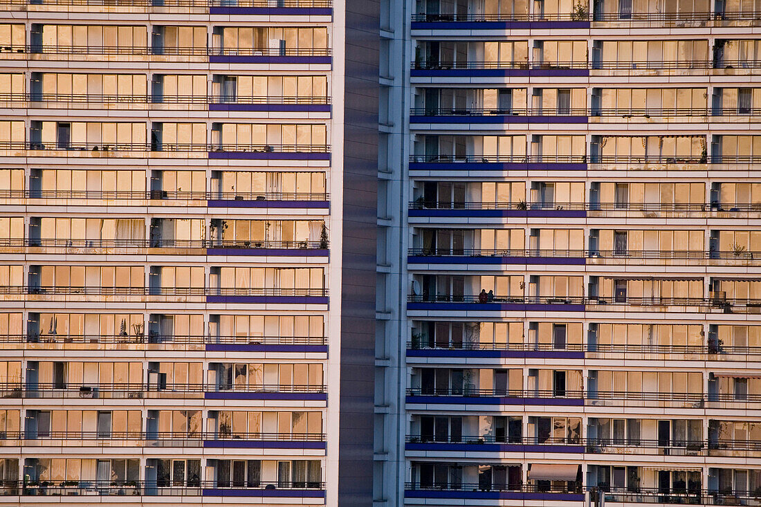 Plattenbau, former GDR prefabricated buildings, sunset, Leipziger Strasse Berlin, Germany