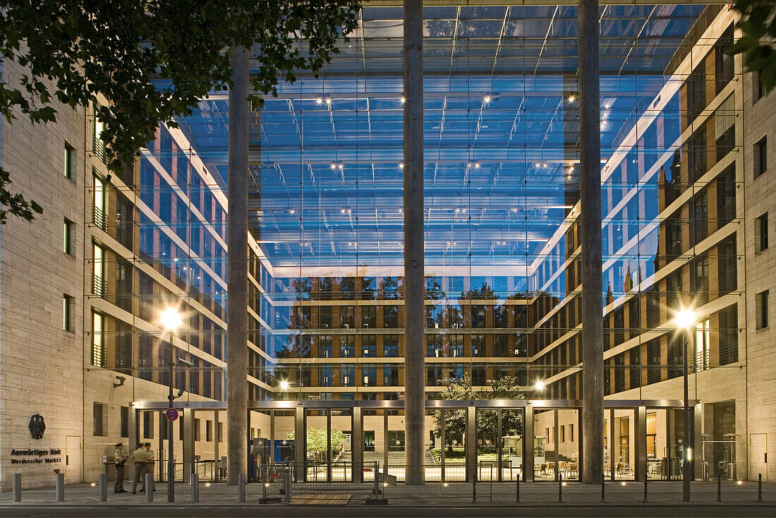 View at the glass front of the Ministry of Foreign Affairs in the evening, Berlin, Germany, Europe