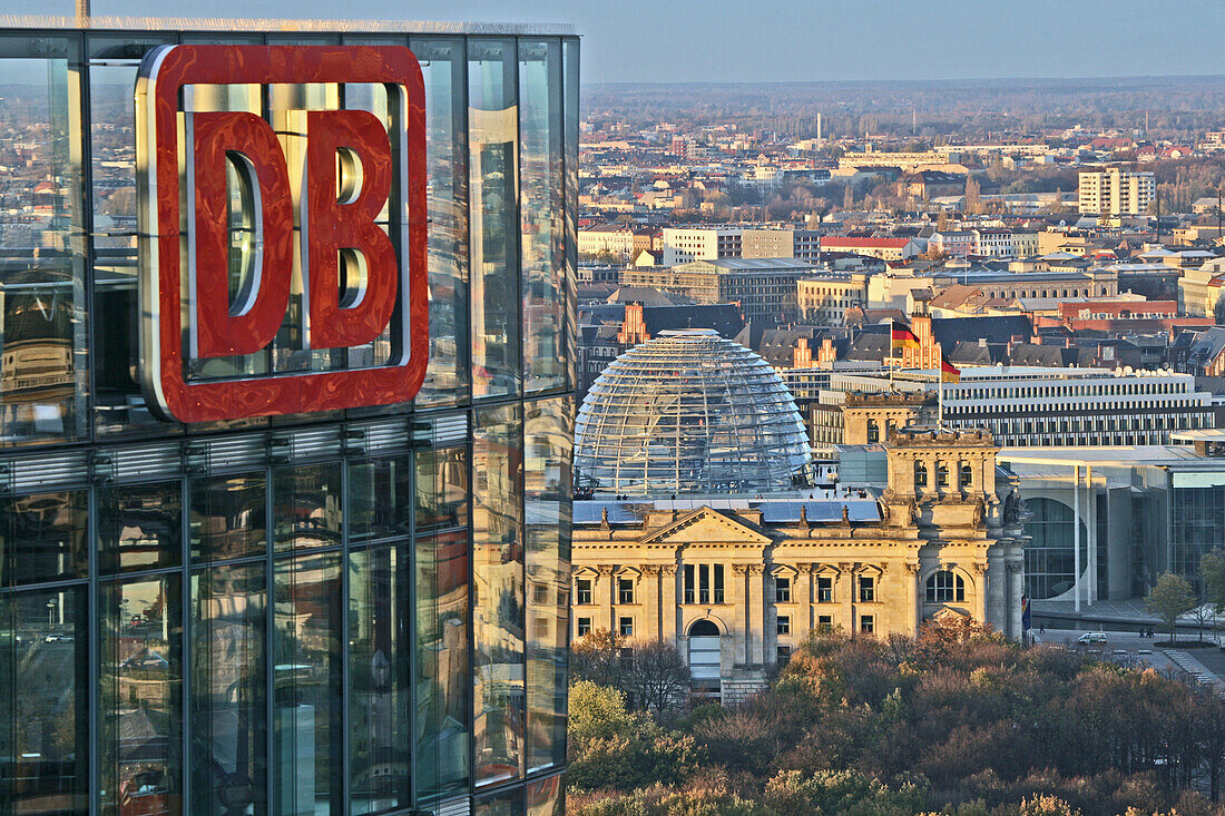 View at DB Tower, Sony Center and Reichstag, Berlin, Germany, Europe