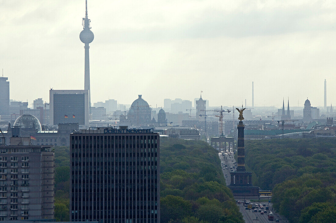 View over Berlin's roofs with TV Tower and Victory Column, Berlin, Germany, Europe