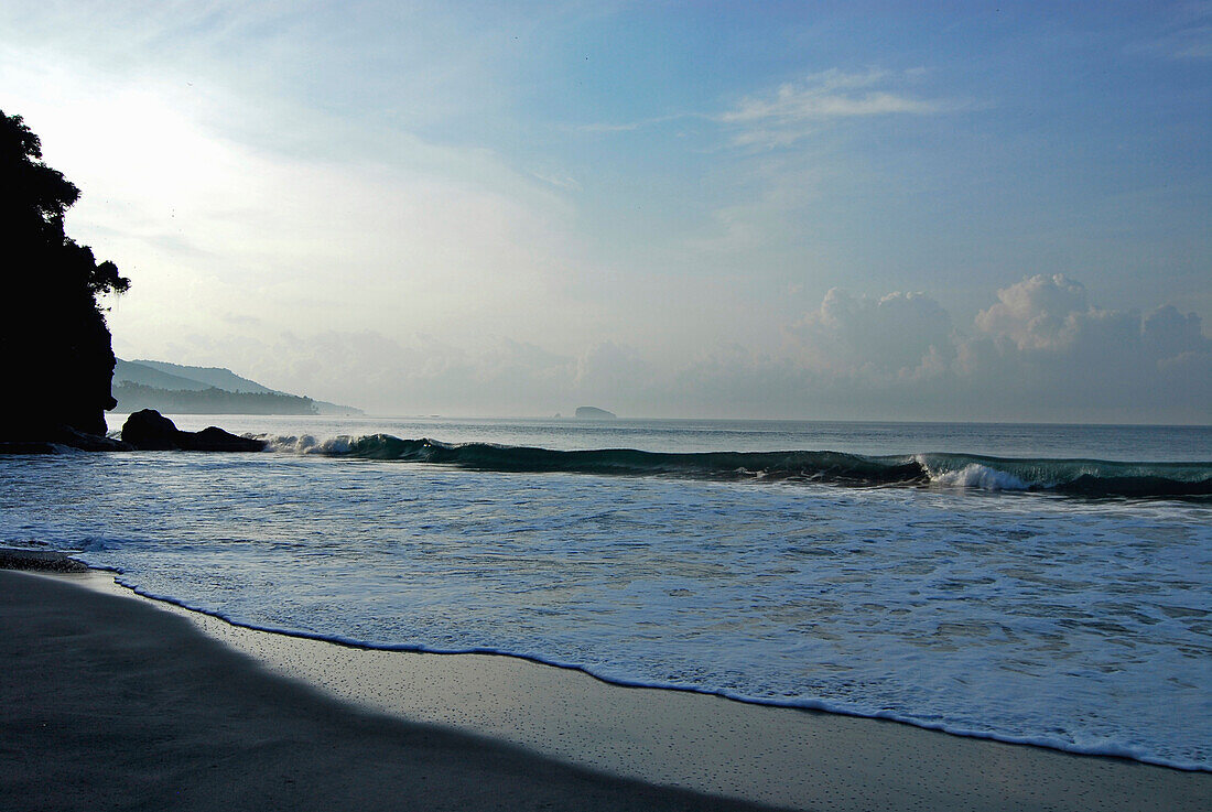 Deserted beach in the morning, Candi Dasa, Eastern Bali, Indonesia, Asia