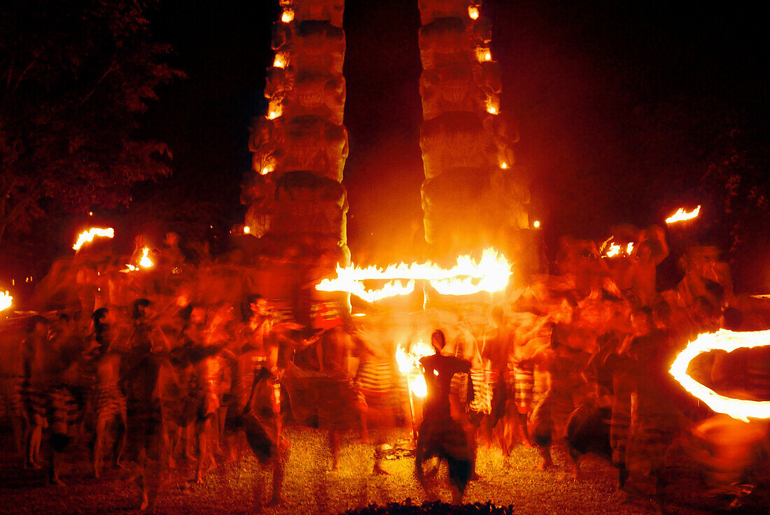 Kecak dance in front of candi at night, Goa Gajah, Chedi Club, GHM Hotel, Ubud, Indonesia, Asia