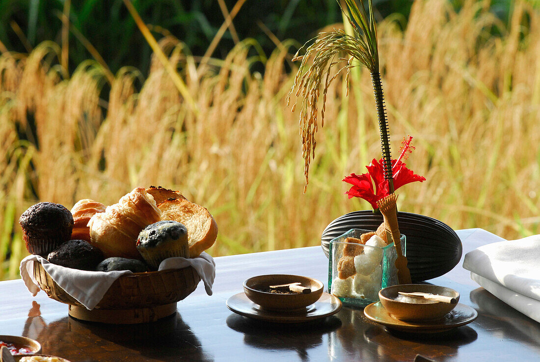 Gedeckter Tisch mit Blick auf Landschaft, Chedi Club, GHM Hotel, Ubud, Indonesien, Asien