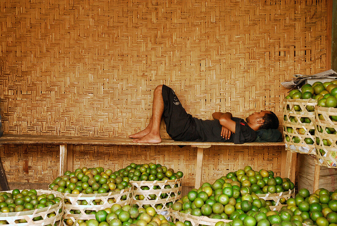 Ein Verkäufer schläft an seinem Stand, Zentralmarkt Pasar Badung, Denpasar, Bali, Indonesien, Asien