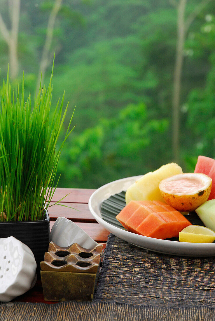 A table is laid out for breakfast in nature, Kupu Kupu Barong Resort, Ubud, Indonesia, Asia