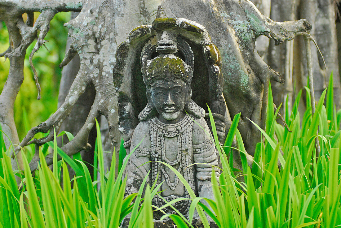 Steinfigur hinter Grashalmen an einem Baum, Sanur, Süd Bali, Indonesien, Asien