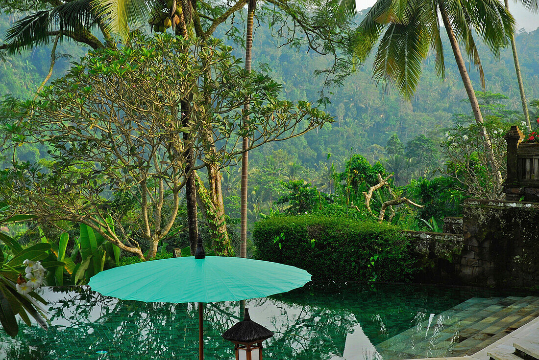 Pool and sunshade at the garden of Amandari Resort, Yeh Agung valley, Bali, Indonesia, Asia
