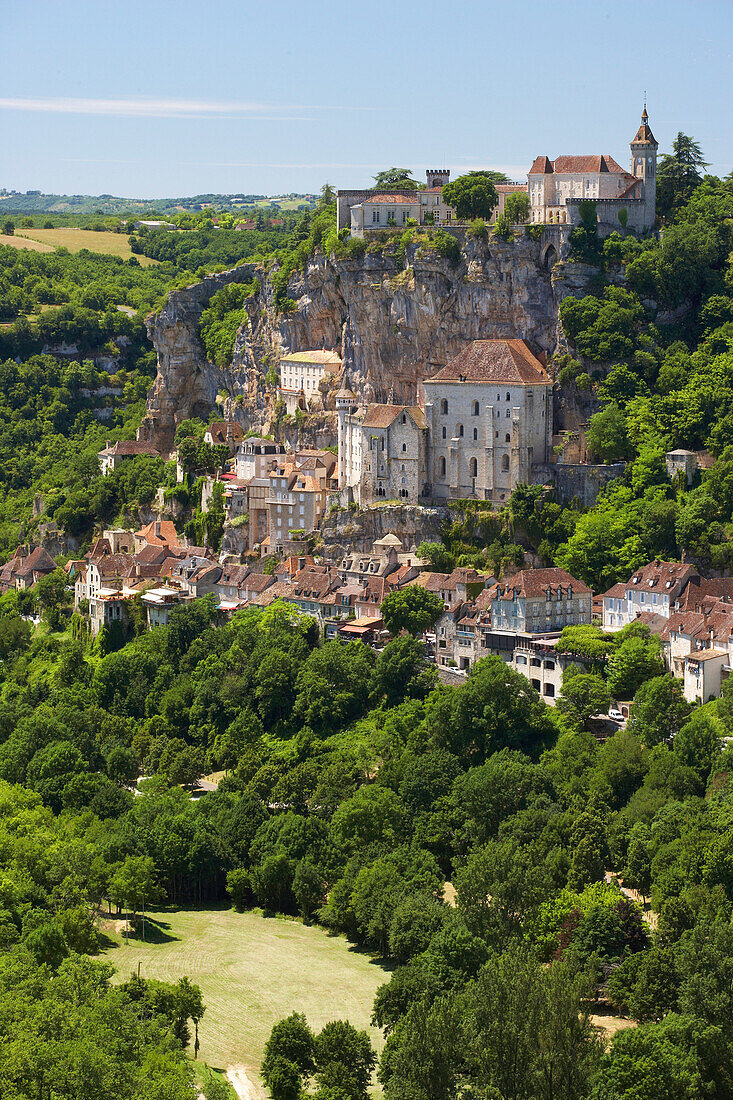 Blick auf Rocamadour, Jakobsweg, Chemins de Saint-Jacques, Via Podiensis, Dept. Lot, Région Midi-Pyrénées, Frankreich, Europa