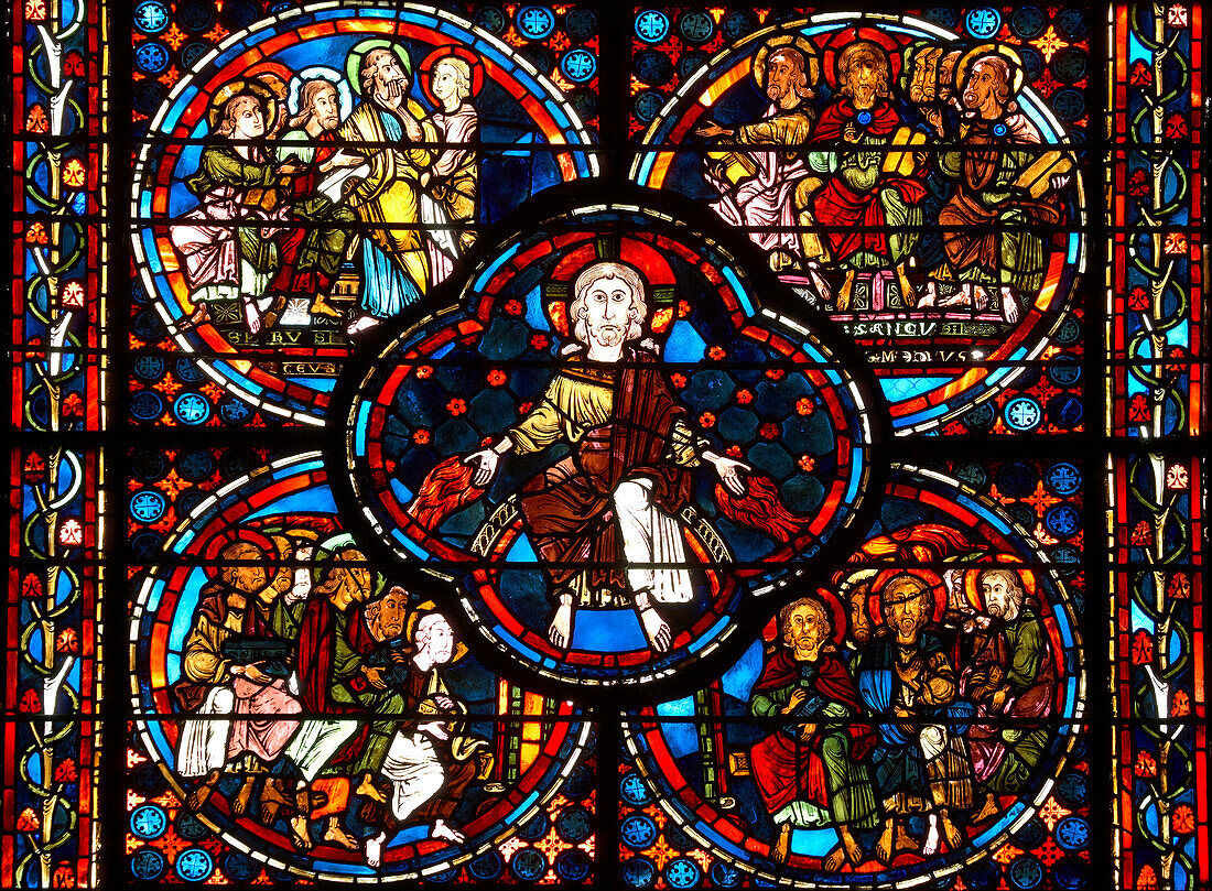 Buntglasfenster, Kathedrale Saint-Etienne in Bourges, Jakobsweg, Chemins de Saint Jacques, Via Lemovicensis, Bourges, Dept. Cher, Région Centre, Frankreich, Europa