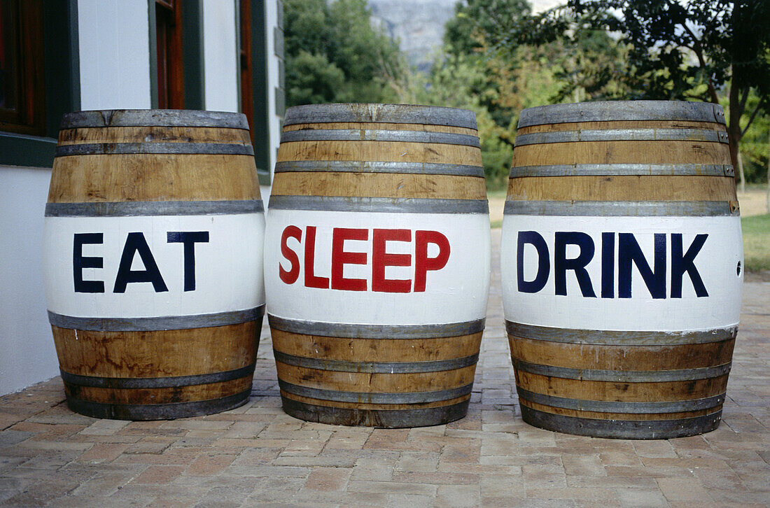 Decoration barrels at the Wine Information Center, Franschhoek, Western Cape, South Africa, Africa