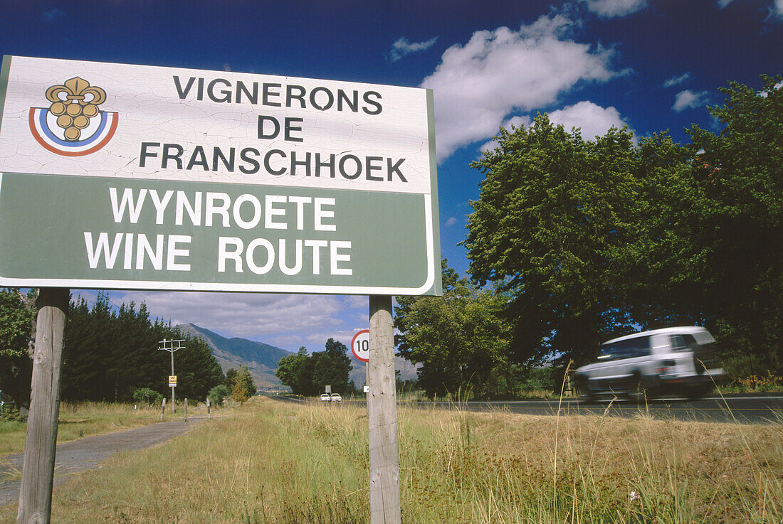Schild für die Weinstraße, Franschhoek, Westkap, Südafrika, Afrika