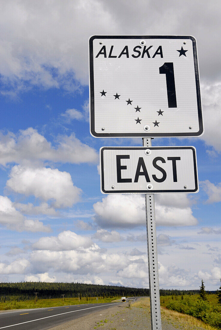 Alaska Highway 1 East sign marker along Glenn Highway Alaska AK U S United States