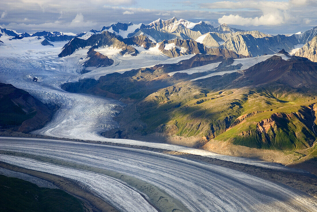 Aerial view of the Rohn Glacier flowing out of the Wrangell Mountains, Wrangell-St. Elias National Park, Alaska, USA