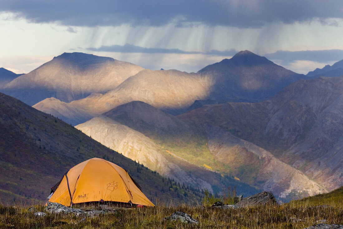 Approaching rain showers from backcountry camp in Tombstone Territorial Park, Yukon, Canada