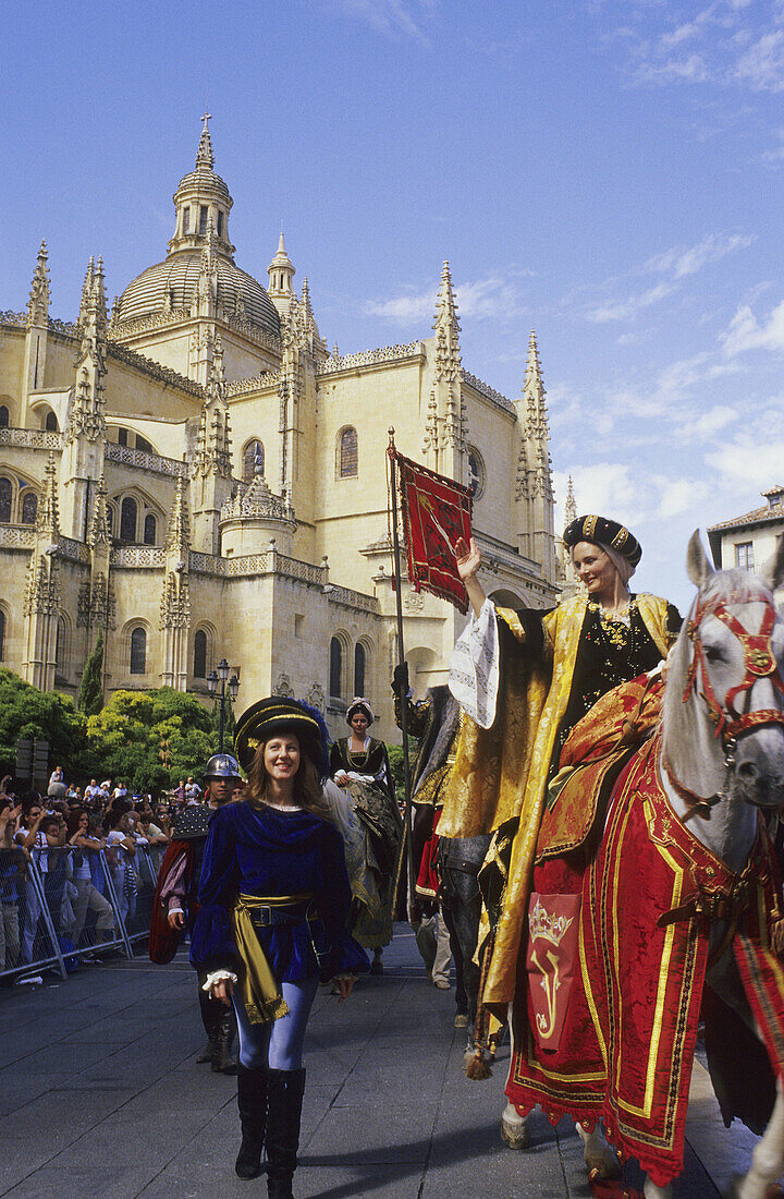 Coronation of Isabella I of Castile in the Cathedral. Middle ages festival in  Segovia, Spain