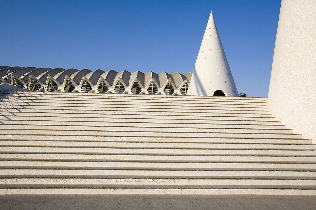 Architektonische details, Architektonisches detail, Architektur, Aussen, Blau, Blauer Himmel, CAC, Ciudad de las Artes y las Ciencias, Comunidad Valenciana, Detail, Details, Draussen, Europa, Farbe, Futuristisch, Gebäude, Himmel, Kultur, Kunst, Kunst und 