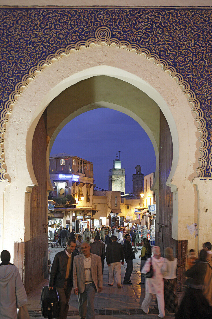 The blue gate Bab Bou Jeloud, entrance to the medina old town of Fes el Bali in the early evening, Fes, Morocco, Maghreb, Morocco