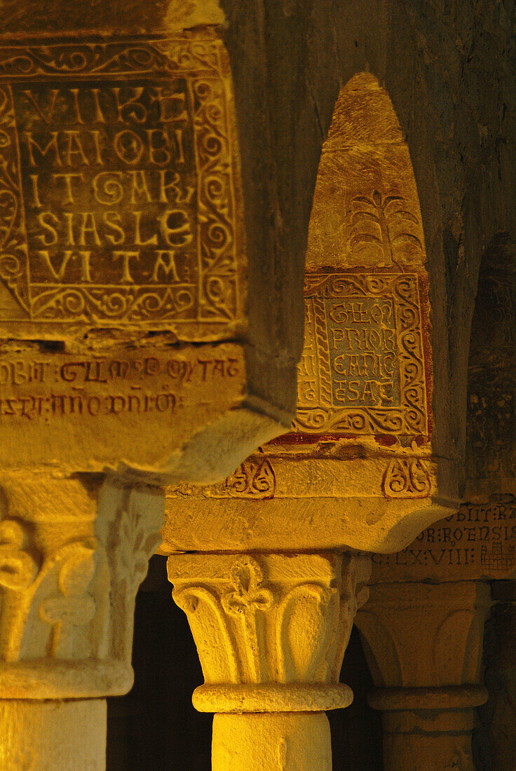 Epigraphs, Romanesque cathedral of San Vicente. Roda de Isábena. (Romanesque XIth century). Huesca province. Spain.