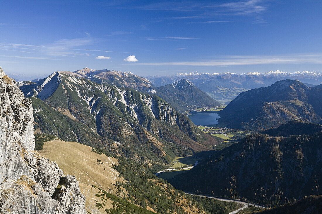 View from Montscheinspitze to Rofan mountains and Lake Achensee, Karwendel range, Tyrol, Austria