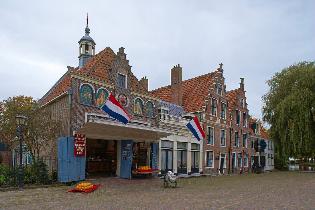 Exterior view of the Museum of Cheese under cloudy sky, Edam, Netherlands, Europe