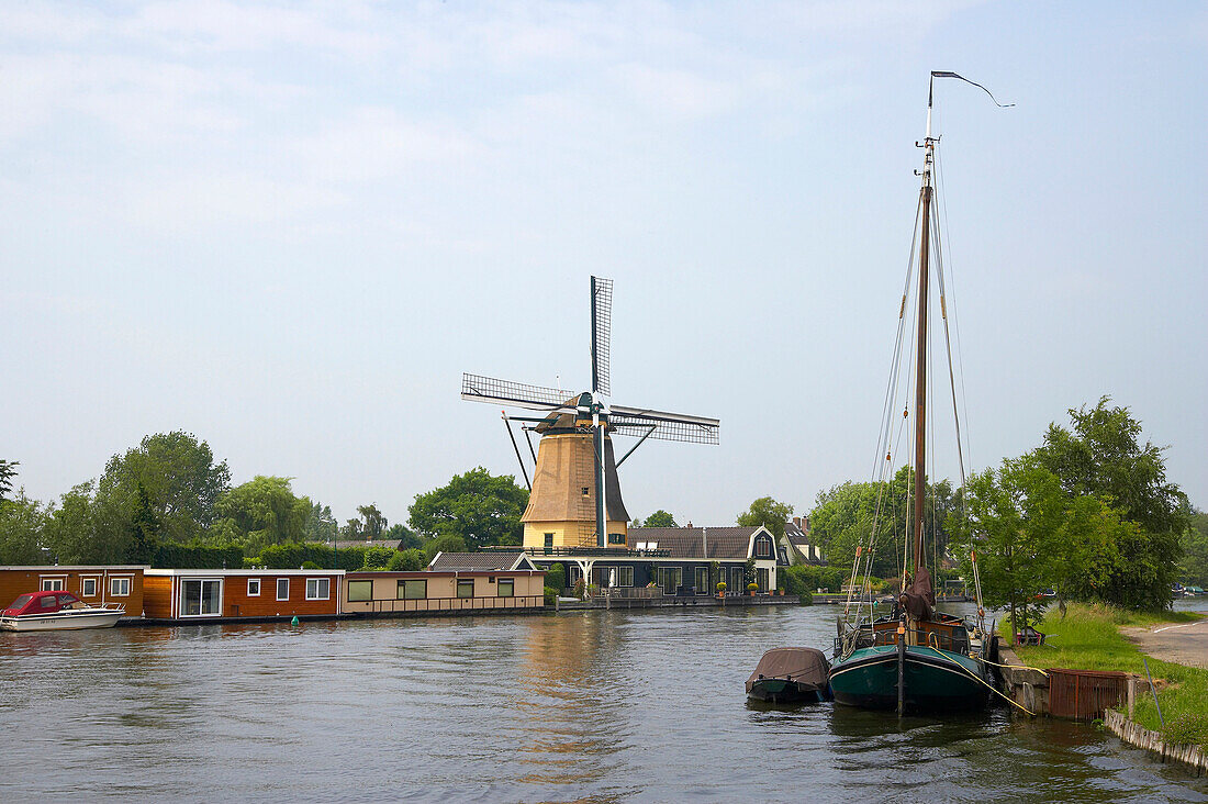 Eine Windmühle und ein Segelboot am Ufer der Vecht in Vreeland, Niederlande, Europa