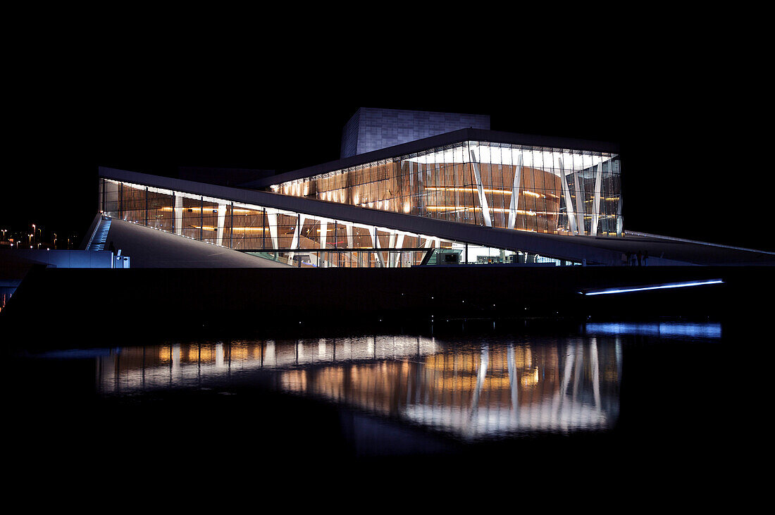 The illluminated opera house at night, Oslo, Norway