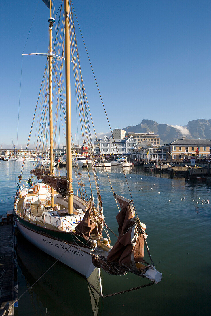 Segelboot Spirit of Victoria im Hafen an der Waterfront mit Blick auf Tafelberg, Kapstadt, Western Cape, Südafrika, Afrika
