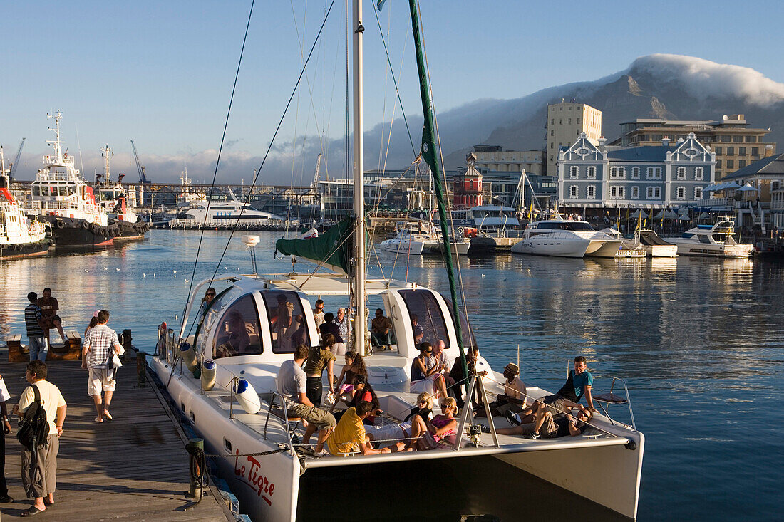 Sunset Cruise Catamaran Le Tigre with Waterfront and Table Mountain, Cape Town, Western Cape, South Africa, Africa