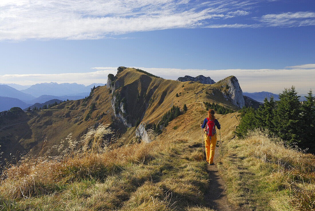 Woman hiking to Brauneck, Bavarian foothills, Bavaria, Germany