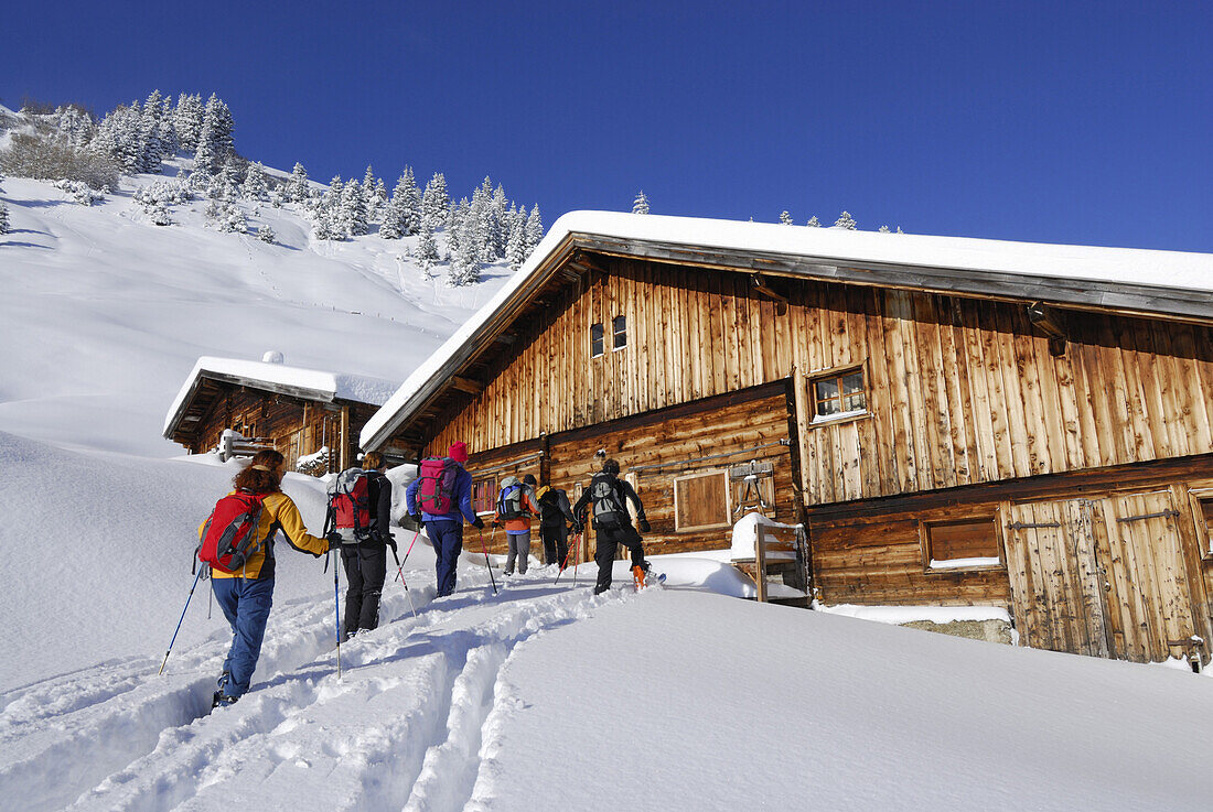 Backcounty skiiers reaching alpine hut, Wiedersberger Horn, Kitzbuehel Alps, Tyrol, Austria